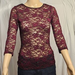 Forever 21 Burgundy Floral Lace Sheer Top